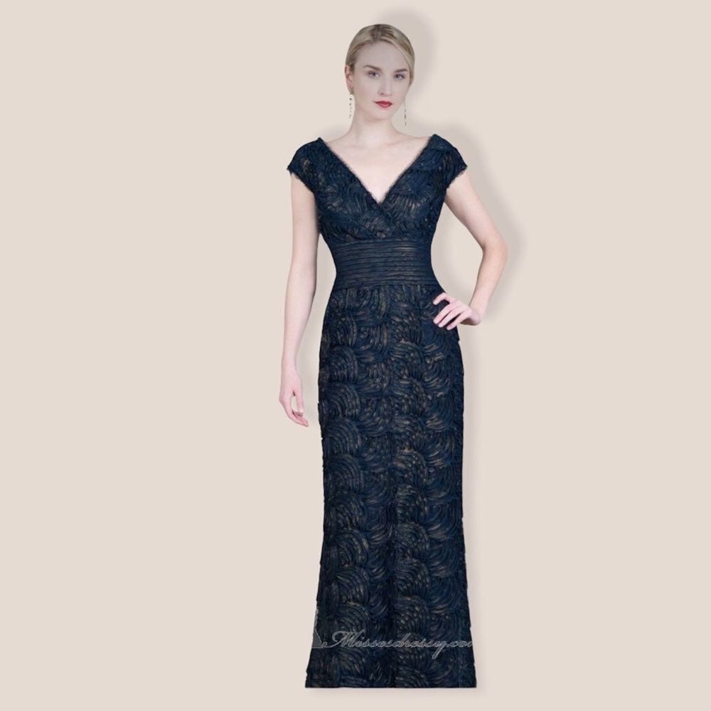 Tadashi Shoji Navy & Gold Rosette Full Length gown, NWT